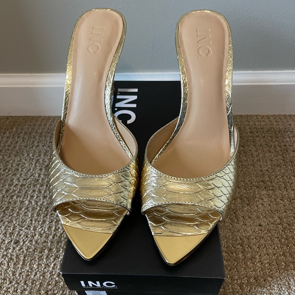 INC International Concepts Gold Snake Print Heels